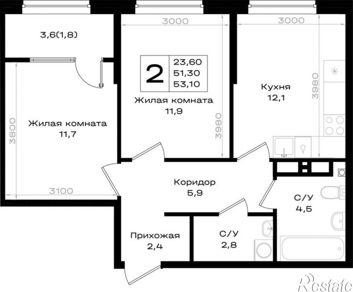 2-комн квартира в новом доме 3-я линия улица, д.1